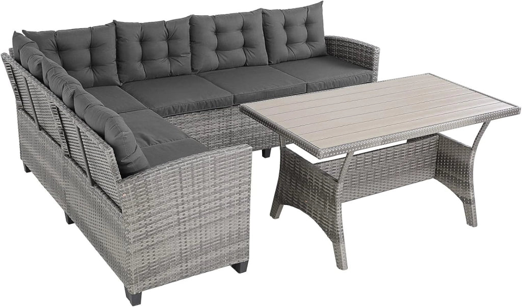 Set Salottino Lounge Polyrattan WPC Tavolo da Pranzo con Copriseduta Cuscini Idrorepellenti Mobili Esterno