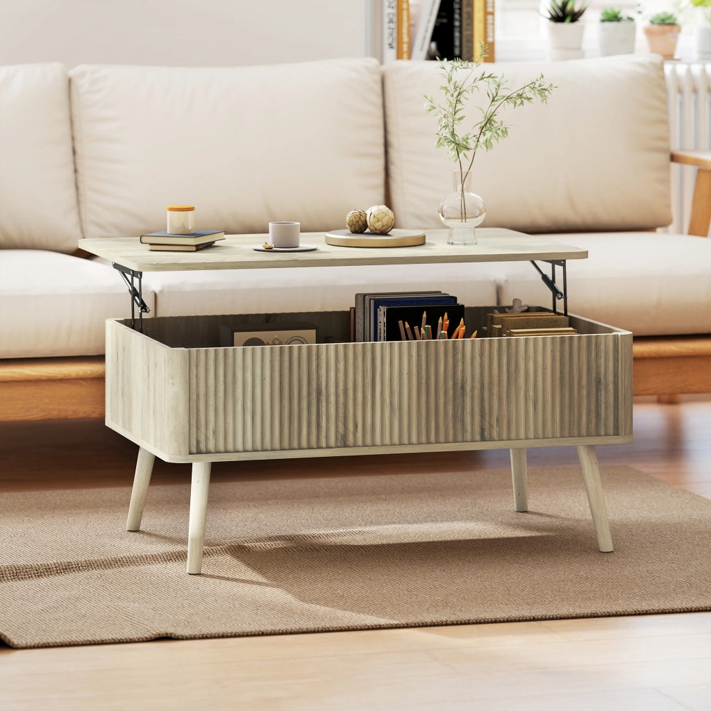 Tavolino da salotto con ripiani nascosti e gambe in pino ¨C Minimal ¨C 91x56x43 cm, effetto quercia
