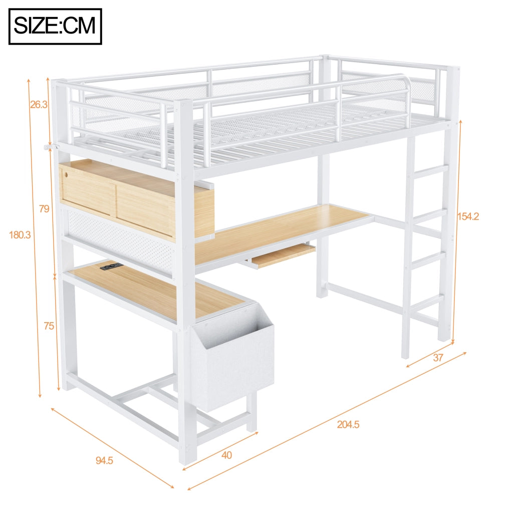 Letto a Soppalco 90x200 cm con Scrivania; LED; USB e Mensola; Bianco in MDF e Metallo