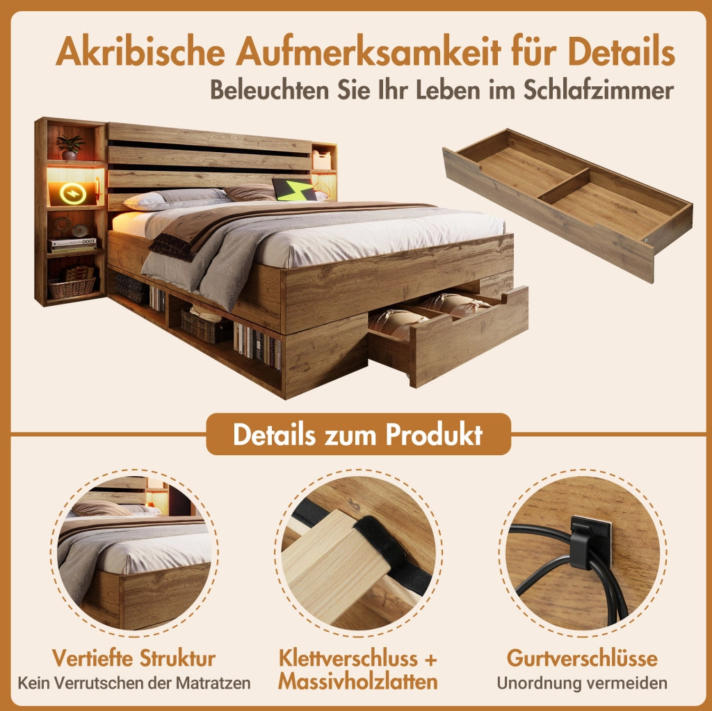 Letto matrimoniale 160x200 cm rovere con LED, USB-C e cassetti