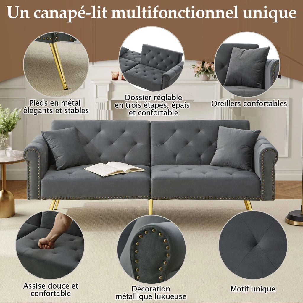 Divano Letto 2 Posti con Doppi Schienali Indipendenti 3 Posizioni; 2 Cuscini; Piedi Metallo Dorato in Velluto Grigio Antico