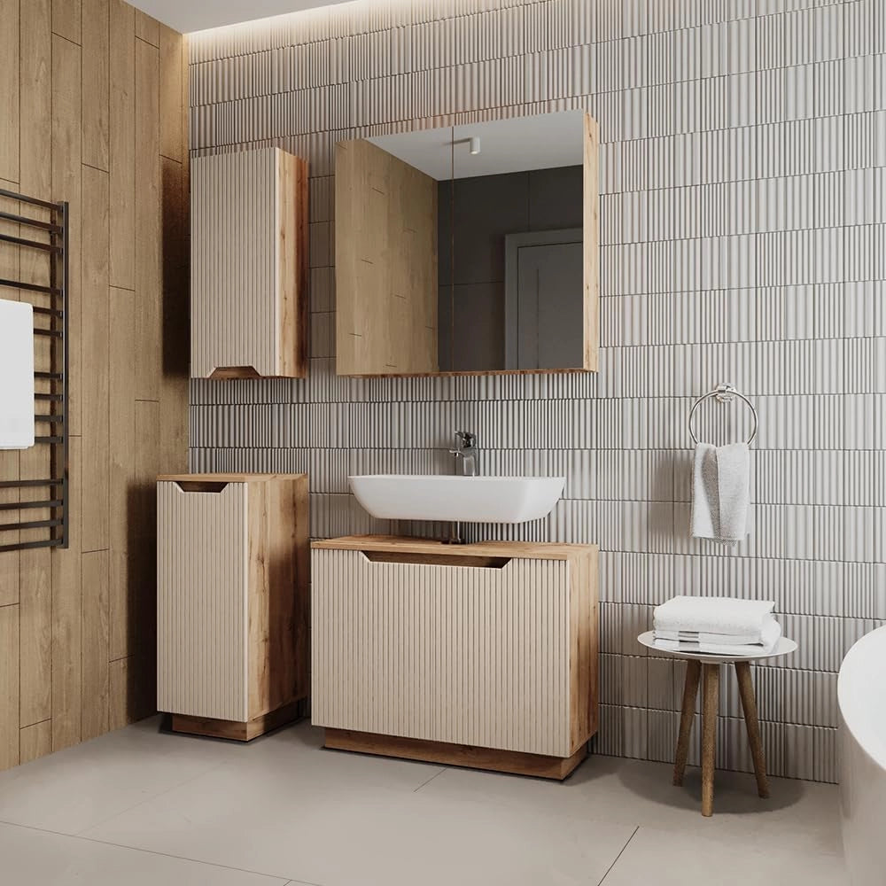 Set di mobili da bagno Lotta, Rovere/cashmere a righe, 4 parti