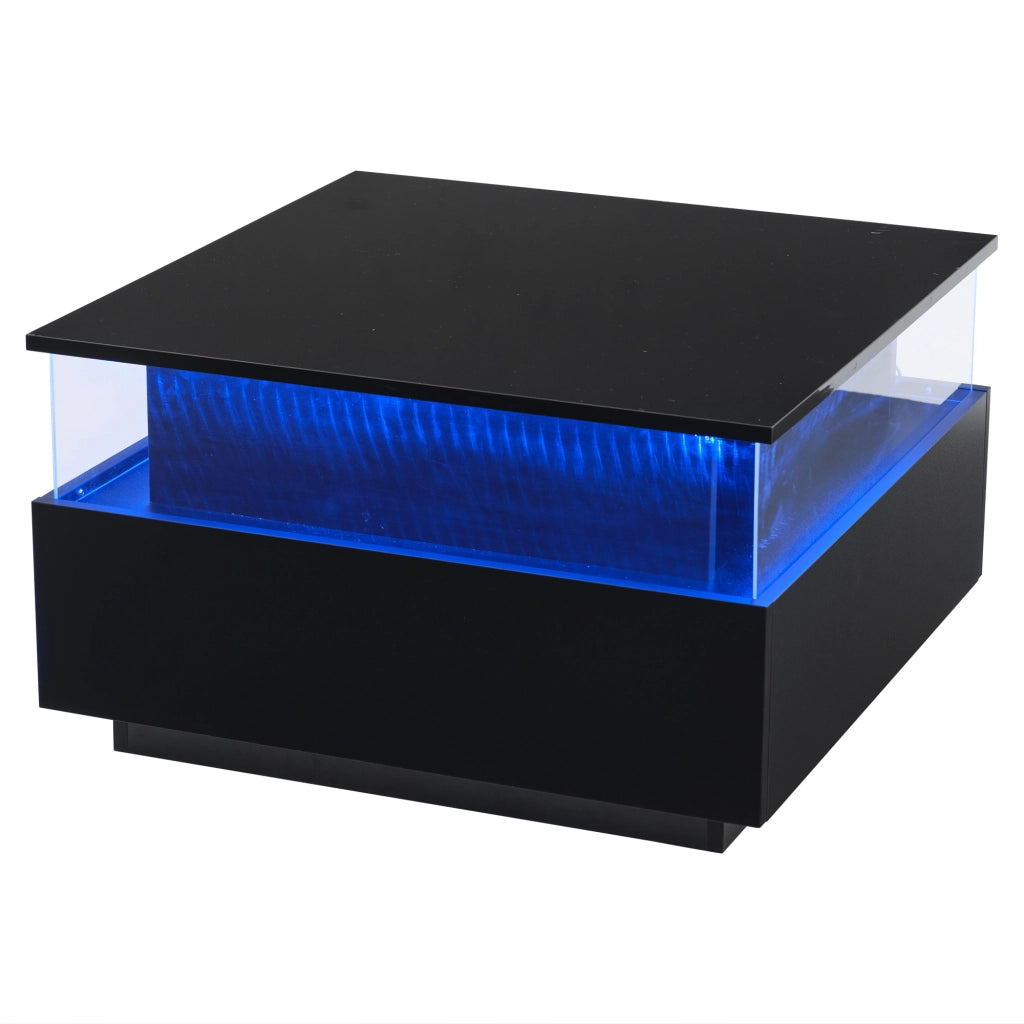 Tavolino basso con 2 cassetti, LED e vano espositivo trasparente per soggiorno, in pannello truciolare, nero, 70 × 70 × 41 cm