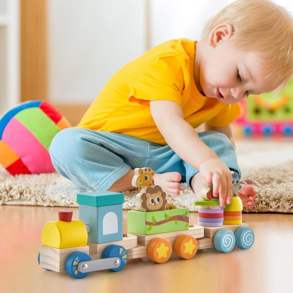 Set di Trenino Impilabile in Legno, Trenino Educativo in Legno Massello, Gioco Educativo in Legno per Bambini 3+ Anni