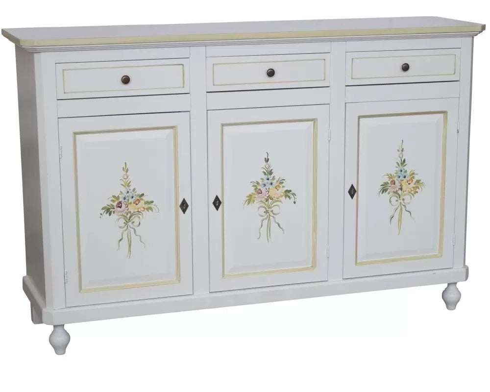 Credenza 3 ante legno bianca decorata filo verde 150x45x98 - Mobili 2G