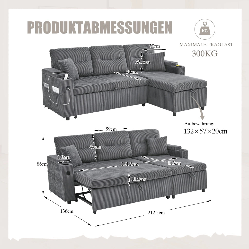 Divano letto con chaise longue contenitore USB C e portabicchiere in velluto a coste grigio carbone 212,5 × 136 × 86 cm