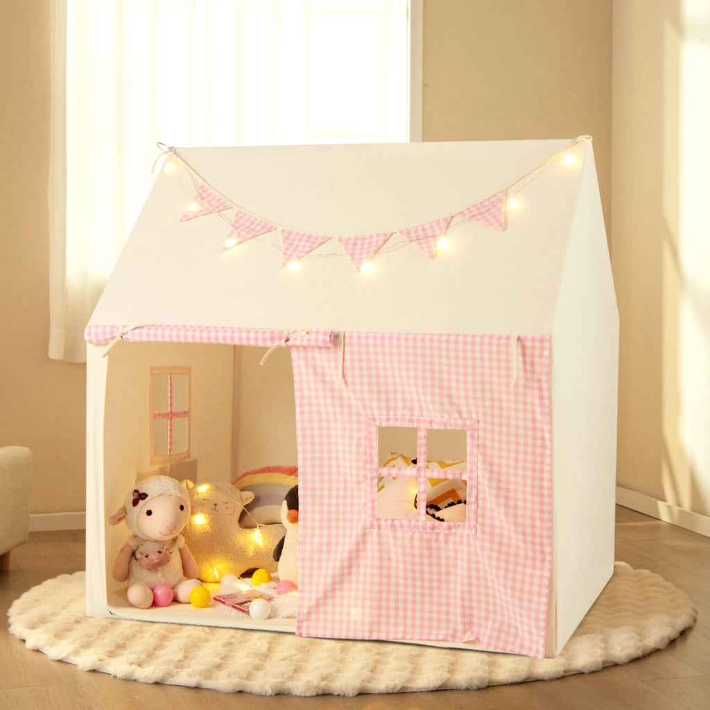 Tenda da gioco per bambini con tappetino imbottito 2 finestre traspiranti e 2 tasche, Casetta tenda da gioco Rosa
