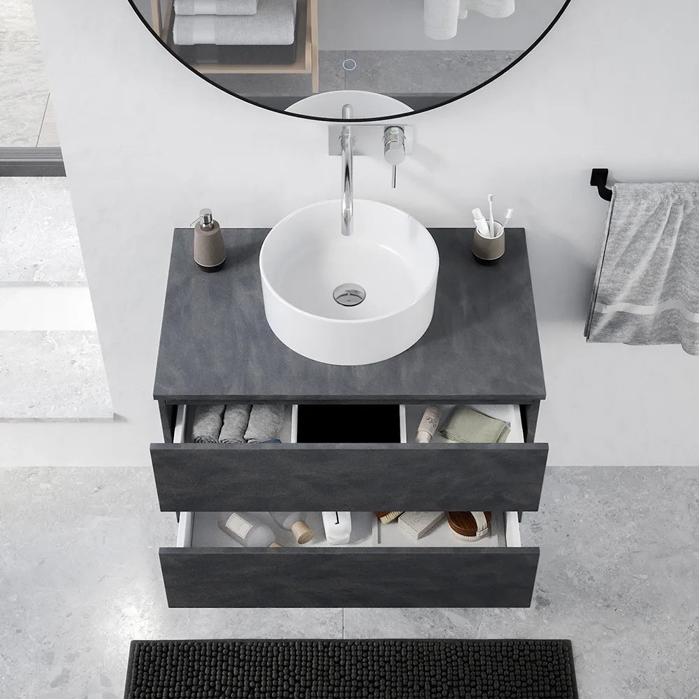 Mobile da bagno sospeso 80 cm effetto cemento scuro con top | Yili