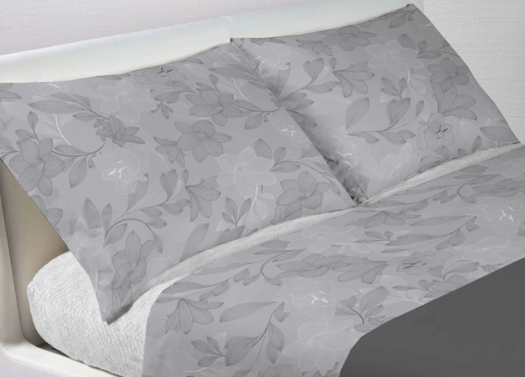 Completo Lenzuola Letto In 100% Cotone Made Italy Disegno Lily - Francese - Grigio