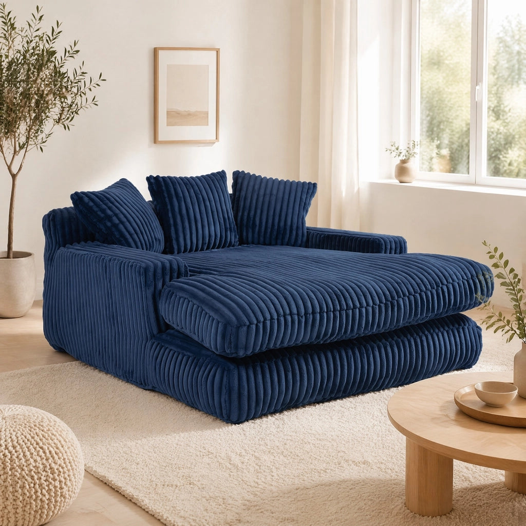 Poltrona chaise longue in velluto a coste blu navy con 3 cuscini schienale e braccioli per soggiorno e studio