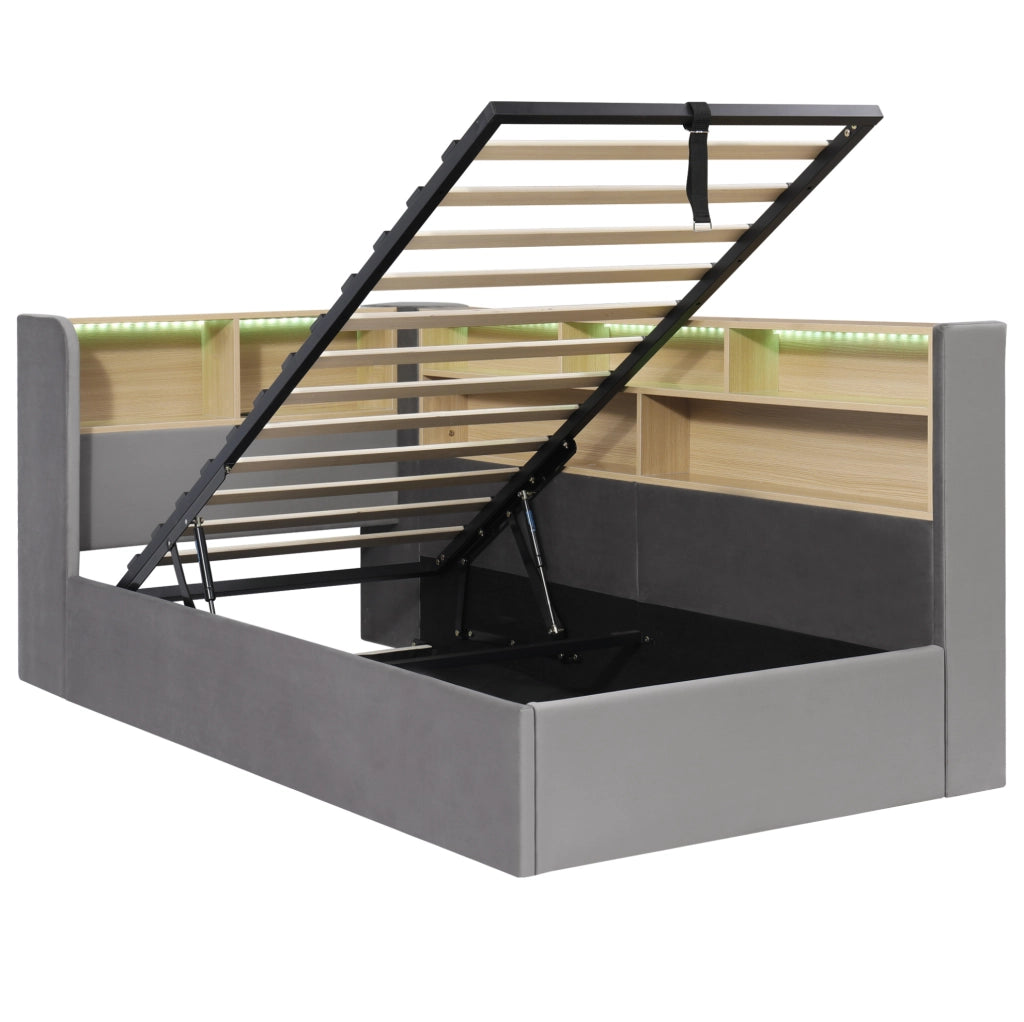 Letto daybed 90x200 cm con contenitore idraulico; LED e porte USB in velluto grigio