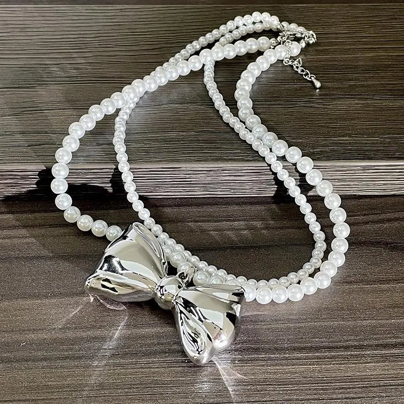 Collana doppia fatta a mano con fiocco in argento e perle, regalo di Natale per donna, regalo di compleanno