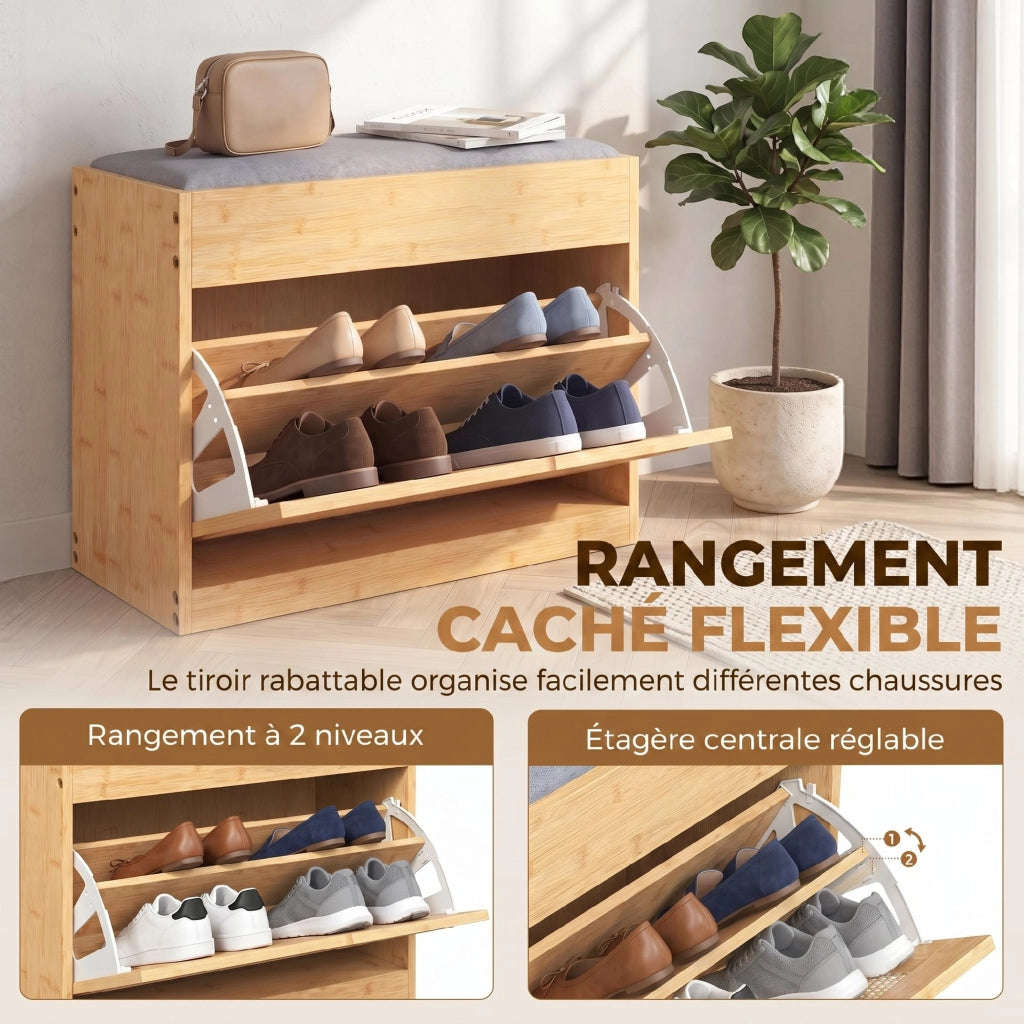Banc chaussures entr¨¦e ¨C zephmum ¨C panca in bamb¨´ con seduta imbottita, porta in rotin e ripiano regolabile