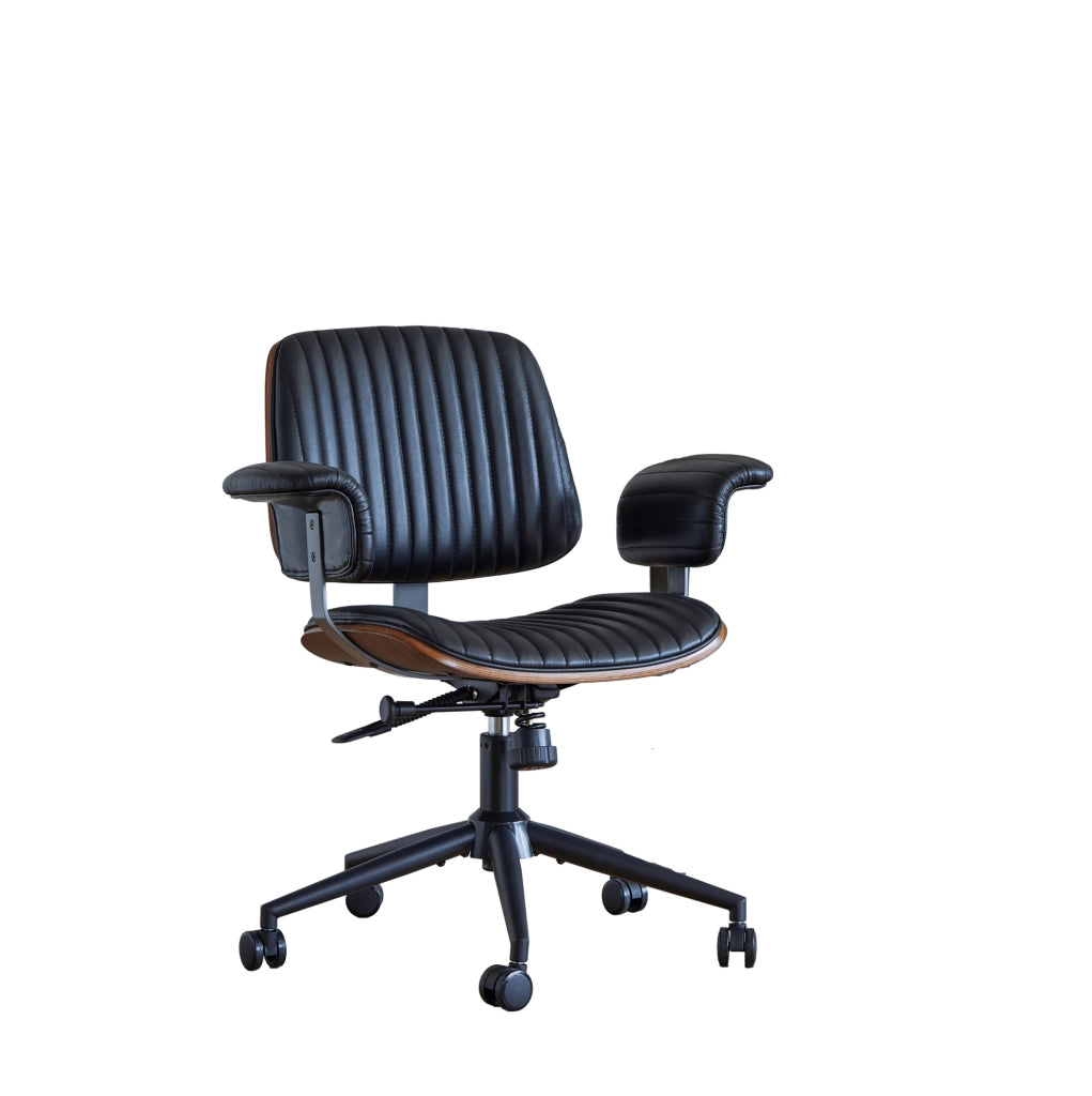 Sedia da Ufficio Girevole in Pelle con Braccioli in Quercia e Ruote, Altezza Regolabile, Design Ergonomico