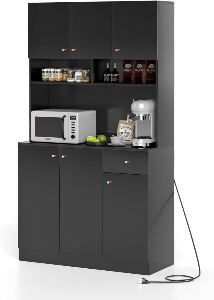 Armadio Alto da Cucina con Prese Elettriche, Supporto per Forno a Microonde e Ripiani Regolabili, Armadio Buffet Autoportante con Ante e Cassetto, Bianco (Bianco)