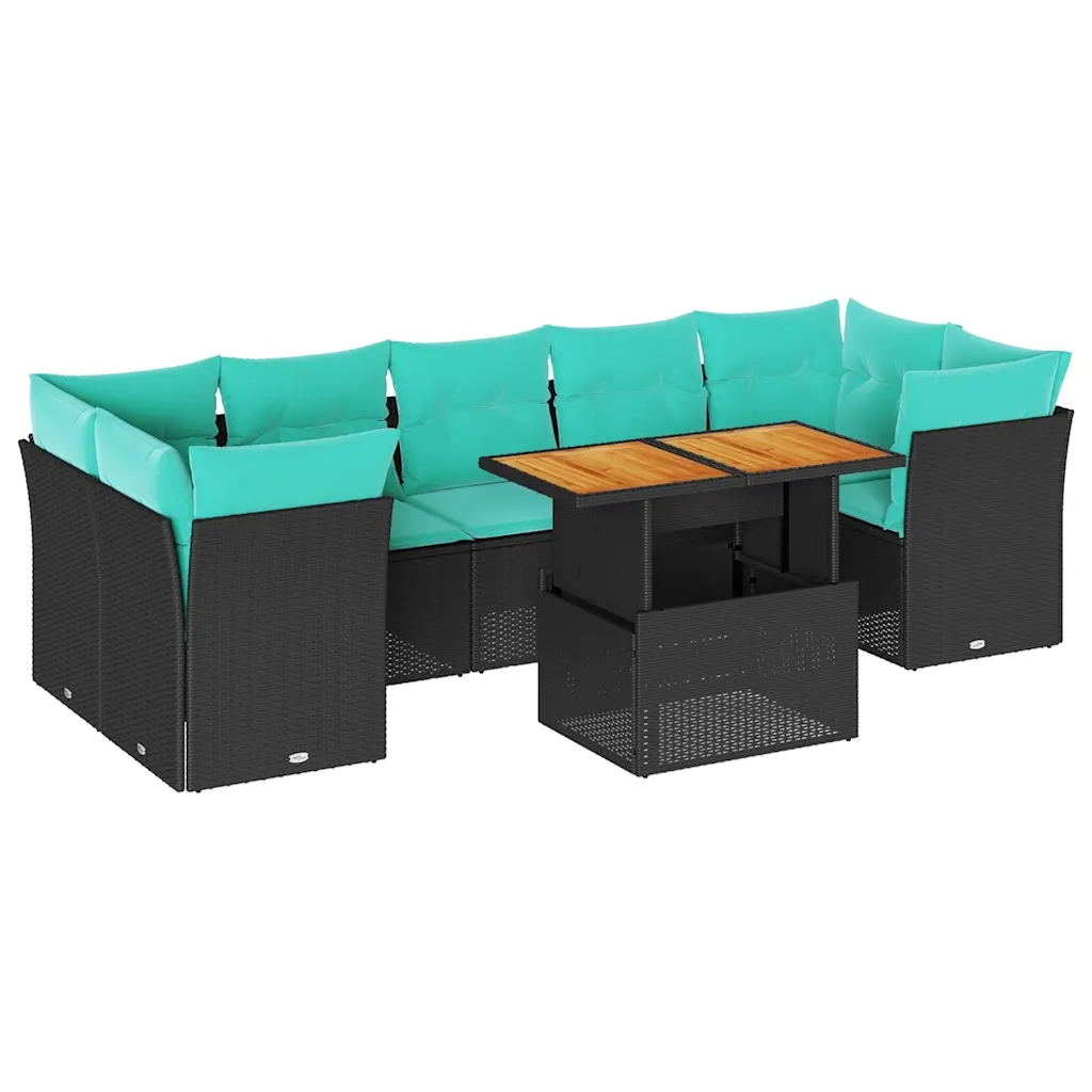 Set Divano da Giardino 8 pz con Cuscini Nero in Polyrattan