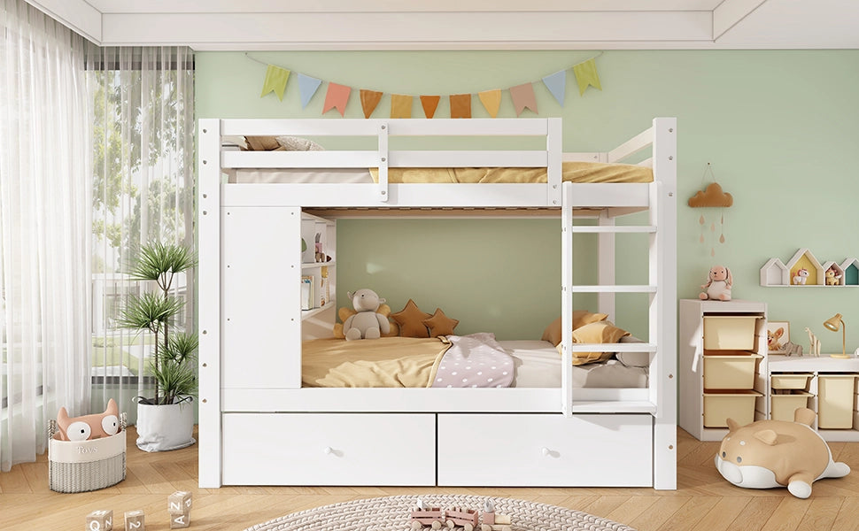 Letto a castello 90 × 200 cm con 2 cassetti, scaffale aperto e scala, senza materasso, bianco