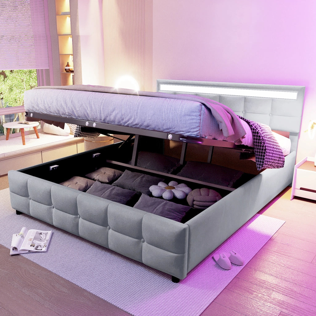 Letto Contenitore 180x200 cm; Sollevamento Idraulico; LED - in Velluto Grigio