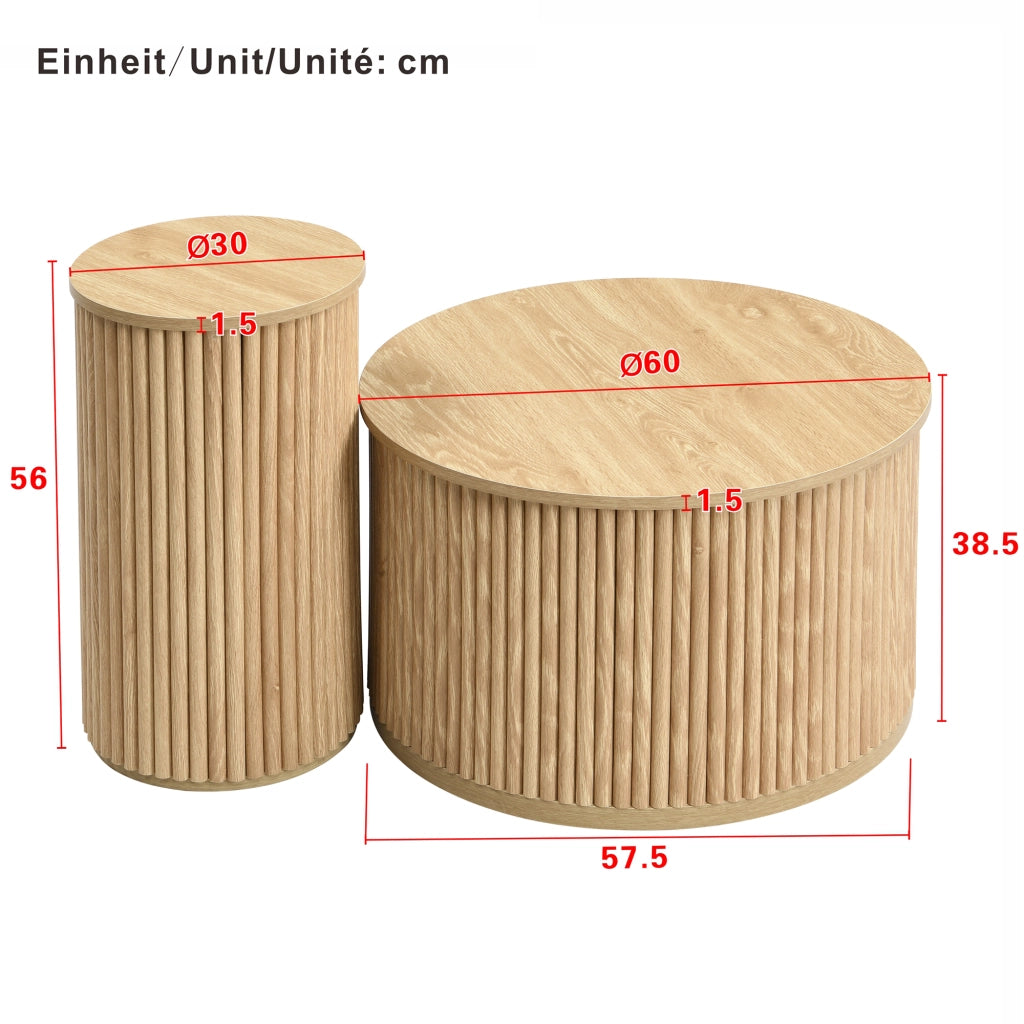 Tavolini da Caffè Rotondi Nidificabili con Motivo a Righe 3D; Stile Moderno; in MDF; Naturale; 60×60×38;5 cm