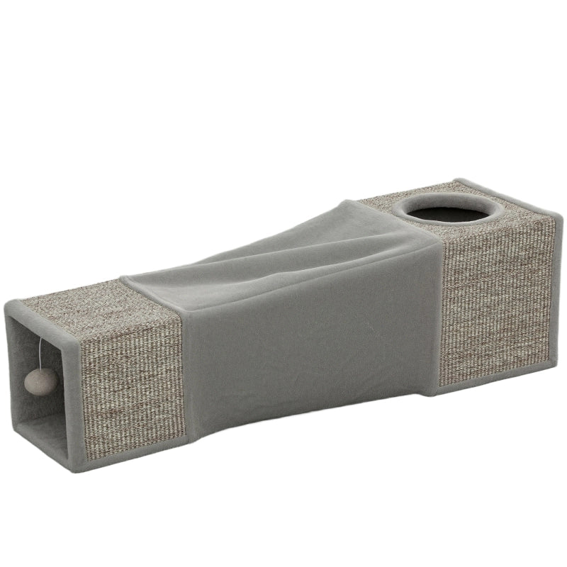 Tunnel per gatti con due cucce, design pieghevole in sisal, 98 x 30 x 30 cm