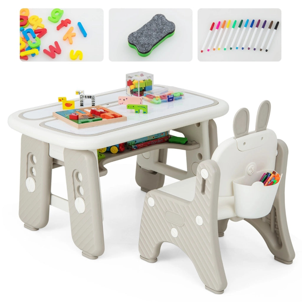 Tavolo e sedia per bambini con mensola ribaltabile lavagna magnetica cancellabile-Tavolino e sedia per imparare Grigio