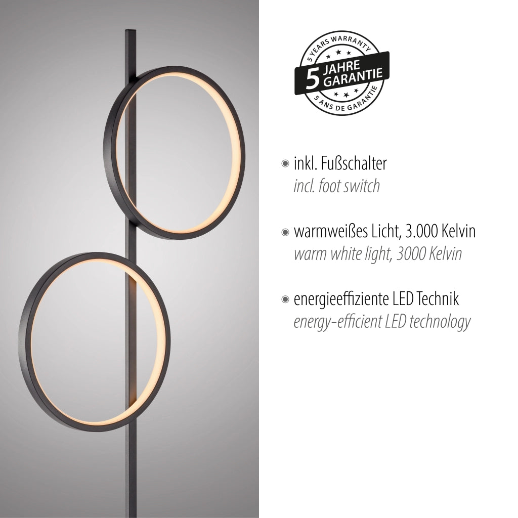 Lampada da terra nera moderna 2 anelli LED 24W Just Light