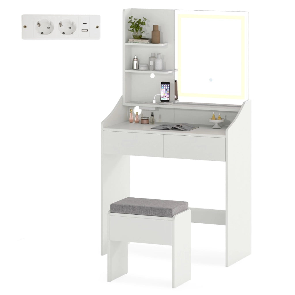 Tavolo toeletta con sgabello contenitore set toeletta con specchio e luci-Tavolo toeletta stazione di ricarica 3 colori di luce Bianco