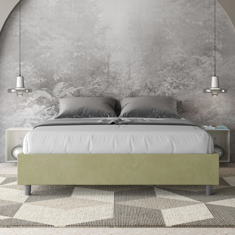 Letto imbottito Letto Matrimoniale alla Francese 150x210 cm Azelia - Con rete,Microfibra,Tè verde