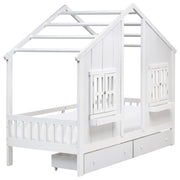 Letto in legno di pino per bambini a forma di casa con cassetti bianchi 90 x 200 cm cameretta
