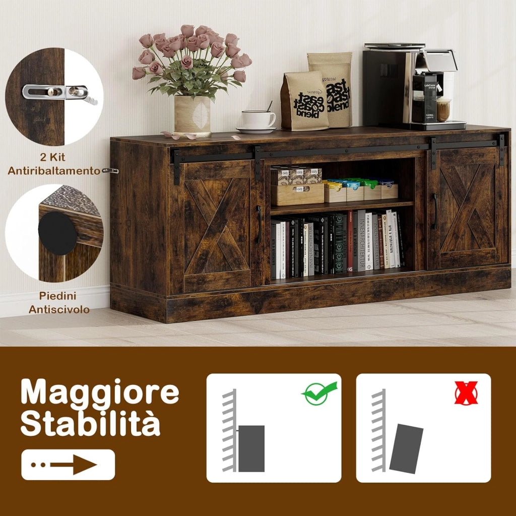 Mobile TV Soggiorno fino a 70'', Tavolino Porta TV con Porte Scorrevoli, Ripiani Regolabili, Consolle Media 150 cm per Soggiorno, Camera da Letto e Ingresso