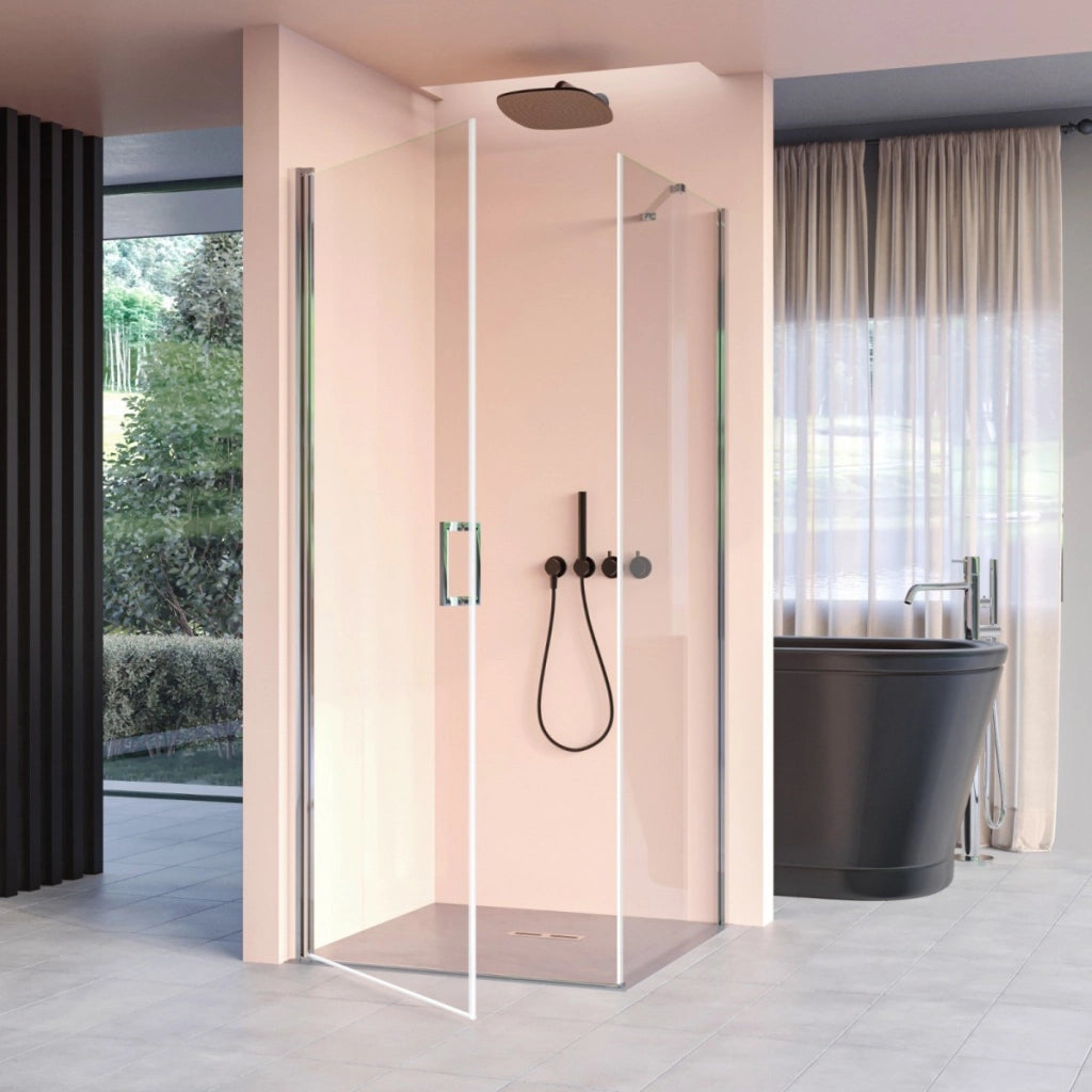 Box doccia angolare con porta battente e lato fisso h195cm 6mm salema, misura 70x70