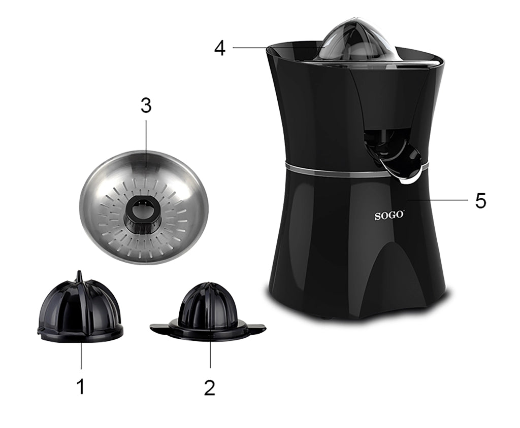 Spremiagrumi elettrico con 2 coni intercambiabili, contenitore succo 550ml, rotazione 100 giri min 600W - SOGO