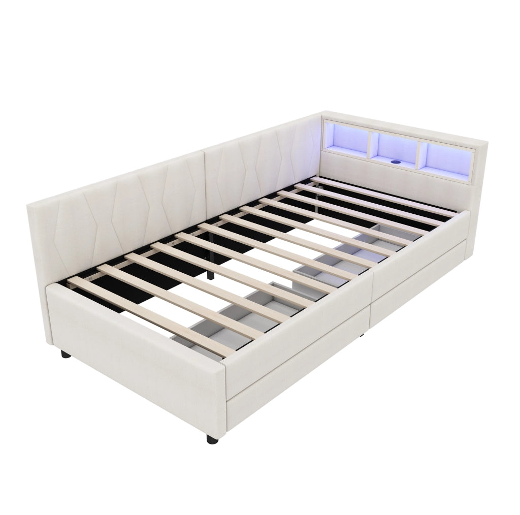 Divano letto daybed 90x200 cm in lino beige con LED; USB tipo C; 2 cassetti e vani portaoggetti