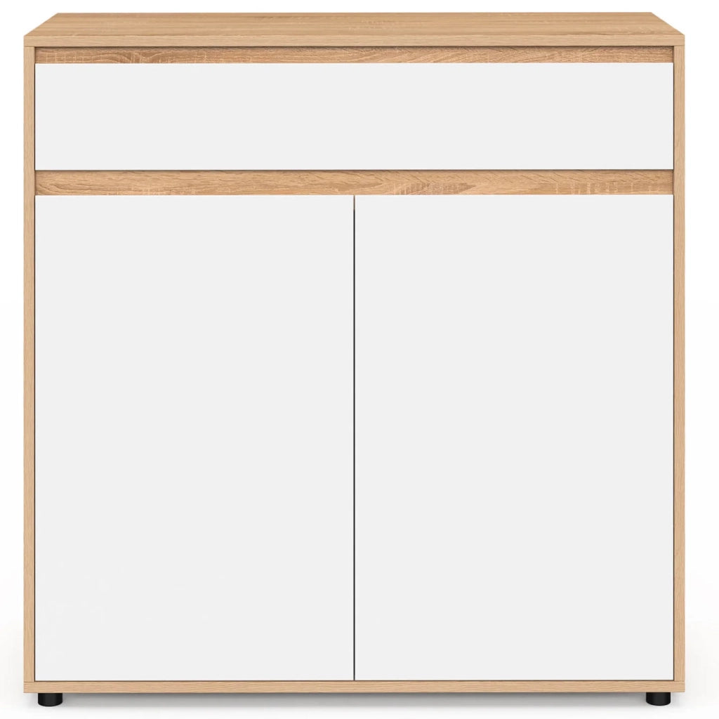 IDMarket - Mobile bagno a 2 ante TOMI con 2 cesti portabiancheria estraibili e 1 cassetto, finitura faggio e bianco