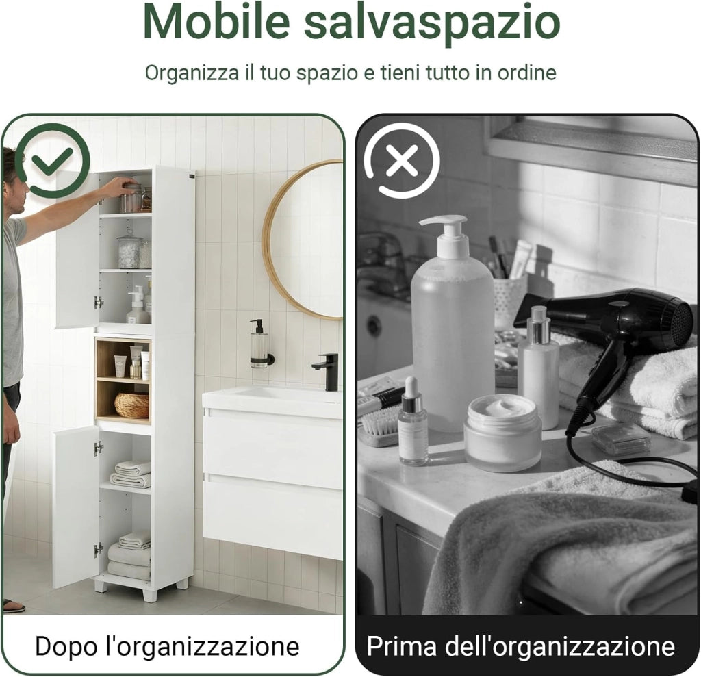 Mobile Bagno Alto e Stretto – Armadietto Salvaspazio con Ripiani Aperti e Ante – Mobiletto Bagno Bianco in MDF/PB, 30x170x30 cm, Modello BZR147-W