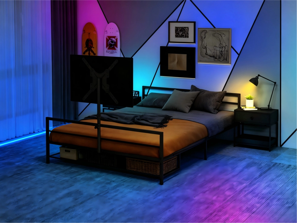 Letto gaming in metallo nero 206 cm con supporto LED e cestelli contenitori