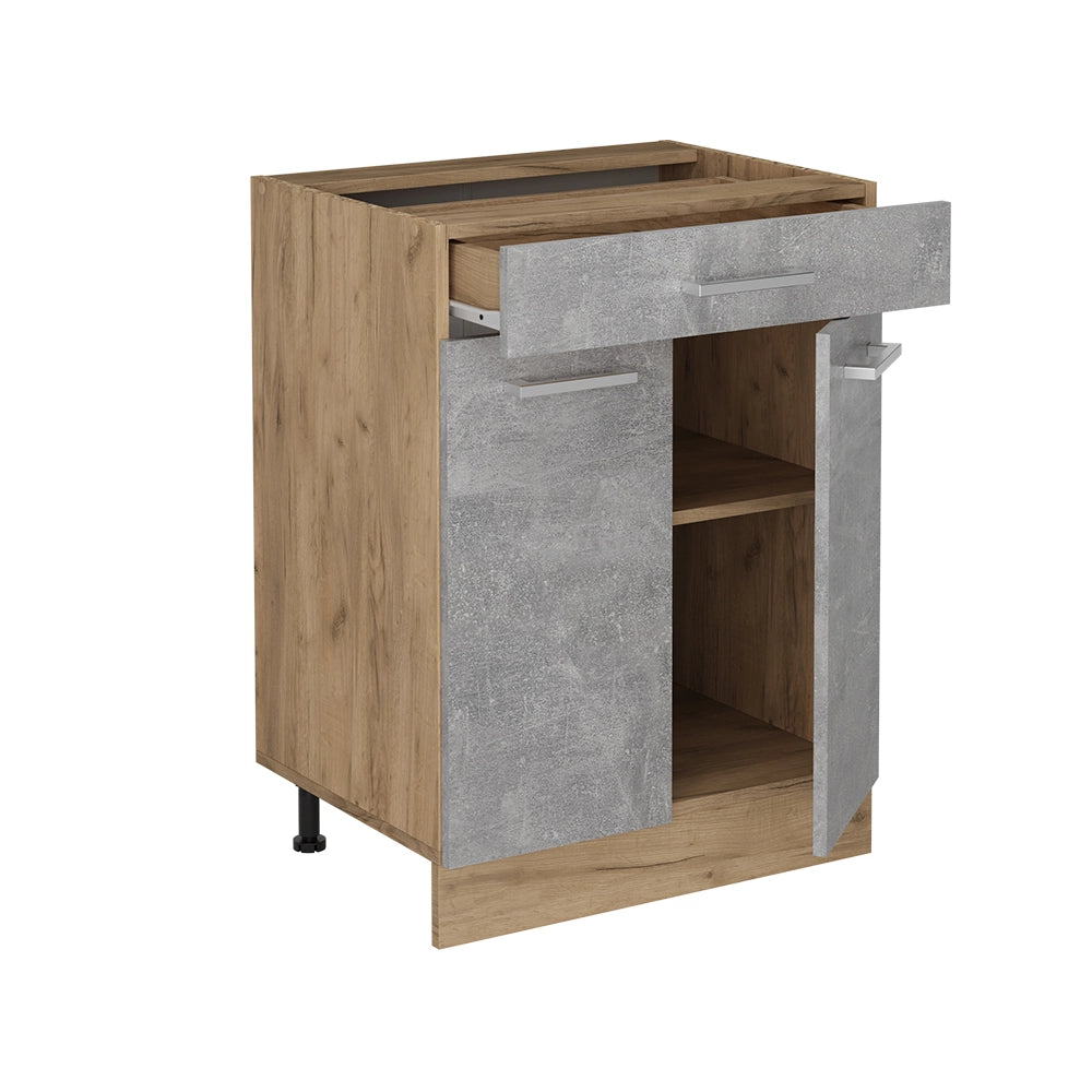 Mobiletto base per cucina R-Line Calcestruzzo/Rovere dorato 60 cm con cassetto, senza piano di lavoro Vicco