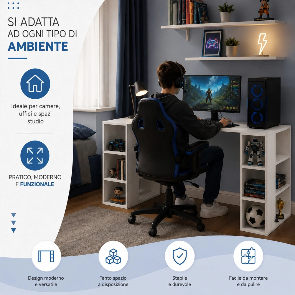 Scrivania Tavolo 6 Scomparti Laterali Legno Bianco 60 x 140 x 75Hcm Ufficio Casa
