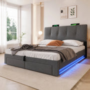 Letto imbottito 140x200 cm con contenitore, USB, LED e testiera con vani
