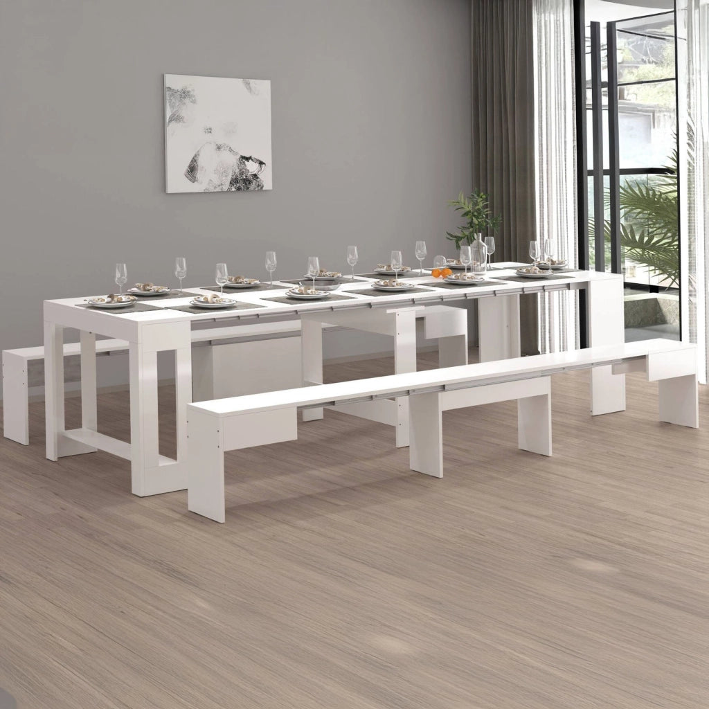 Panca Quedan, Set di 2 sedute per tavolo da pranzo, Panche allungabili, 290x25h45 cm, Bianco lucido