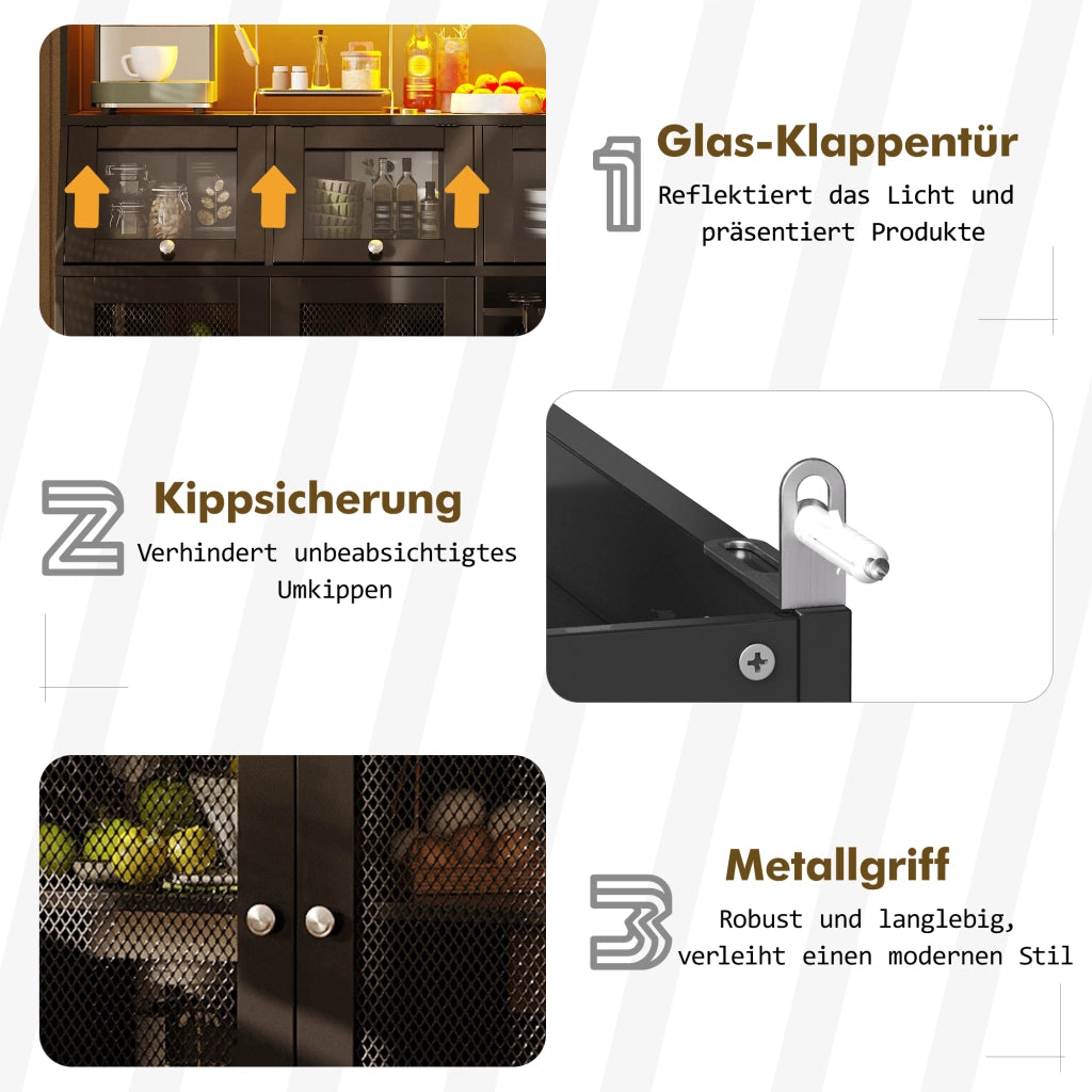 Credenza alta da cucina con LED, porta in vetro e ripiani regolabili, USB, in MDF nero, 120 × 40 × 181.7 cm