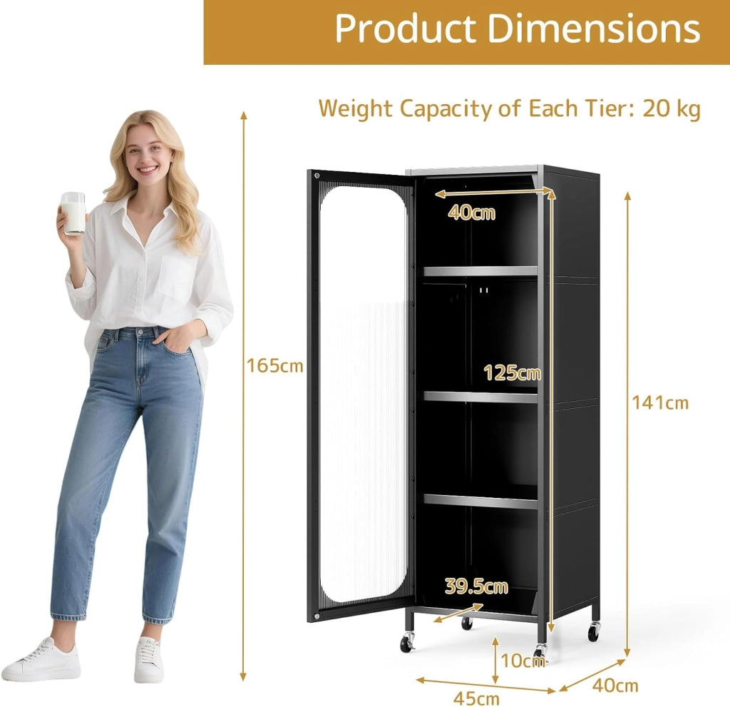 Armadietto da cucina con rotelle, 5 ripiani a buffet con ripiani regolabili, Mobile alto con anta trasparente, armadio multiuso per sala da pranzo, soggiorno, 45 x 40 x 141 cm (nero)