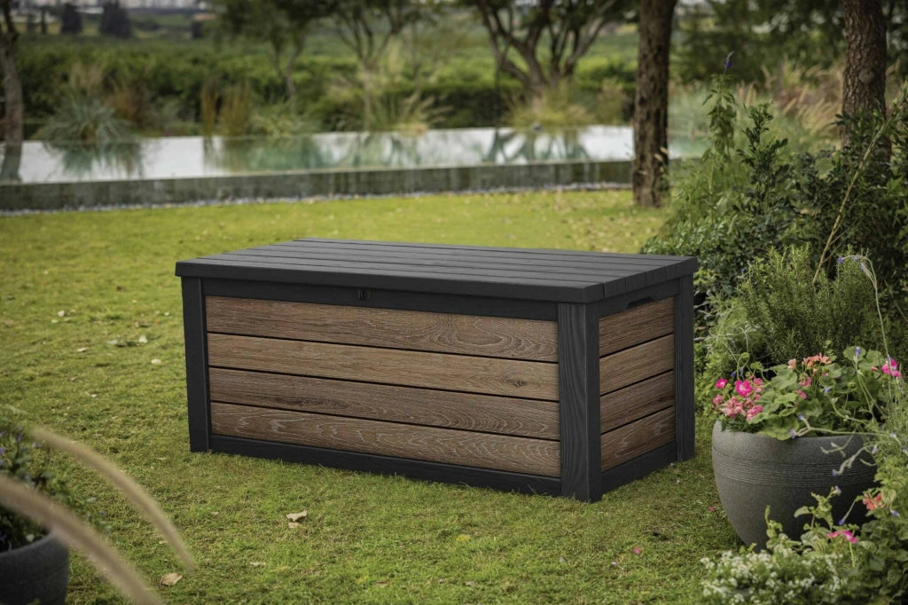 Cassapanca outdoor Brantford, Baule da giardino, Contenitore da esterno, Panchina contenitore da esterno, 152x73 h70 cm, Noce