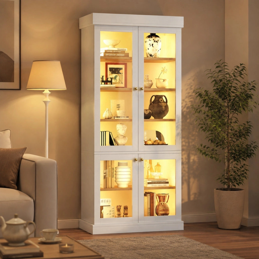 Mobile alto con LED multicolore e ripiani; 80x40x180 cm in MDF e vetro bianco