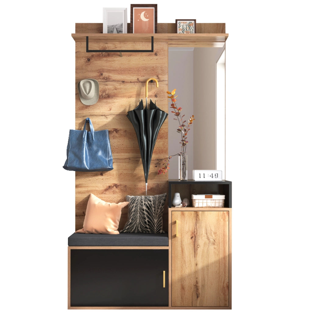 Set ingresso con scarpiera, specchio, 4 ganci e panca salvaspazio, colore nero e legno