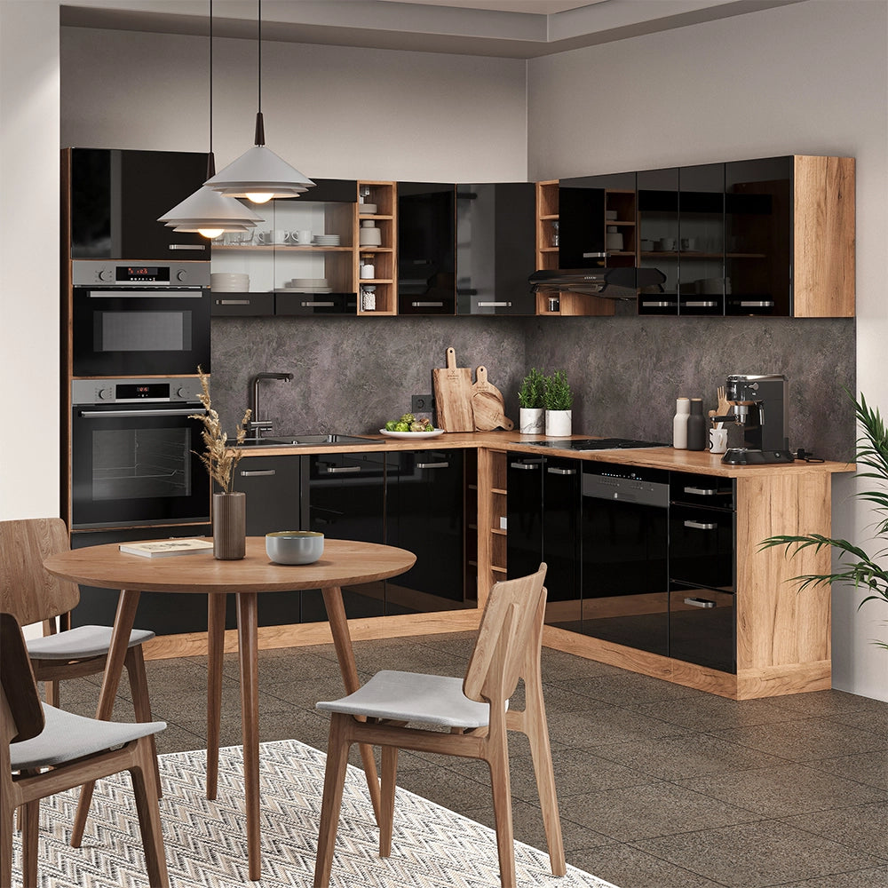 Vicco Cucina angolare completa Rovere nero/oro lucido 237 x 247 cm , PL Marmo