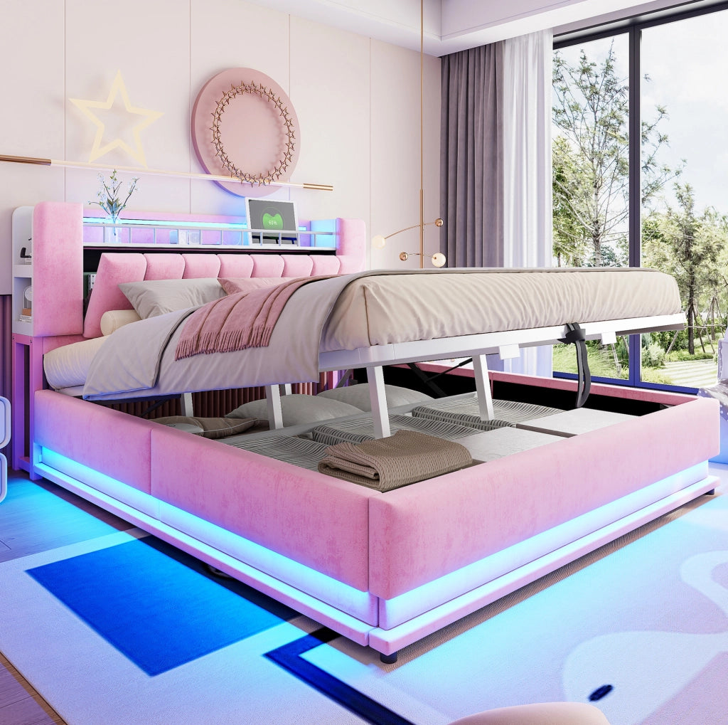 Letto imbottito 180x200 cm con LED; USB e contenitore idraulico in velluto rosa