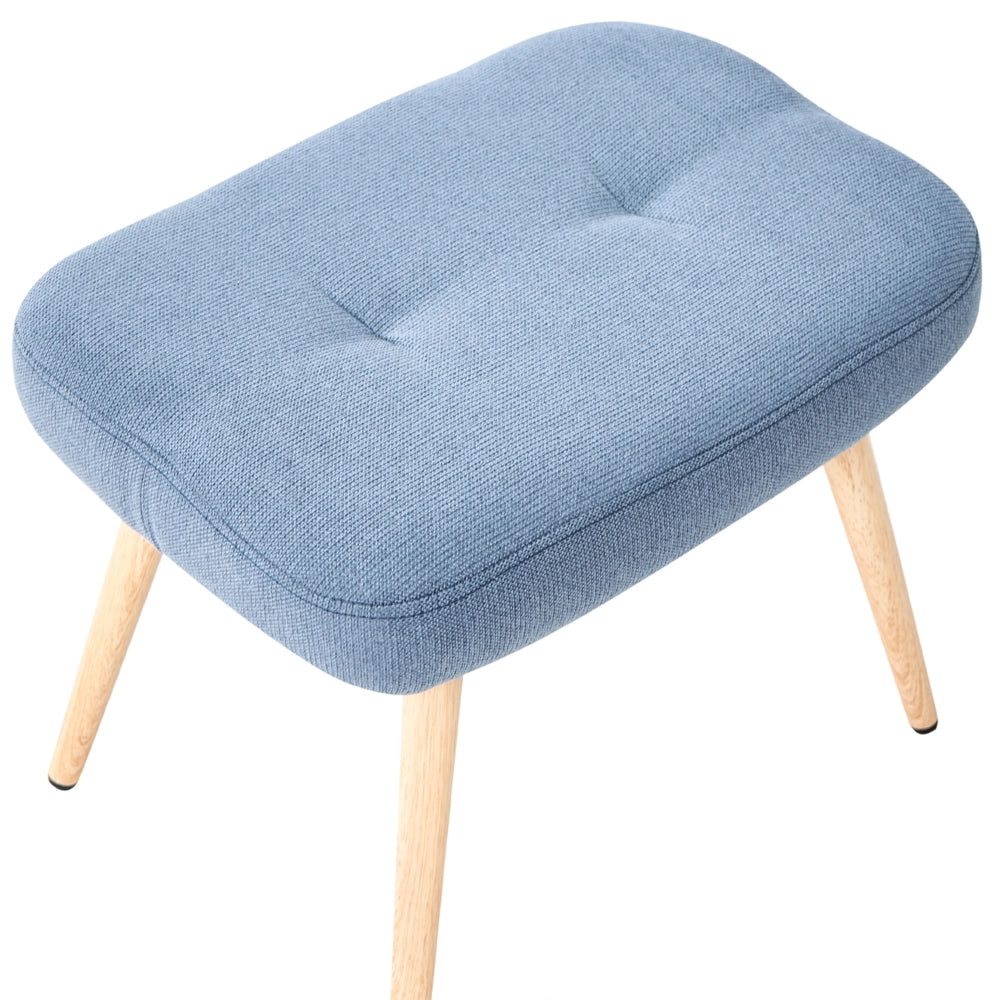 Poltrona Wingback con poggiapiedi in tessuto blu stile retrò con bottoni
