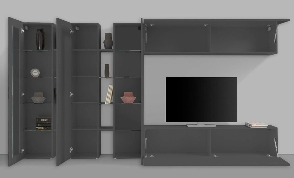 Parete Attrezzata Soggiorno 340x30x180 cm Maruska n°6 Grigio Antracite Opaco