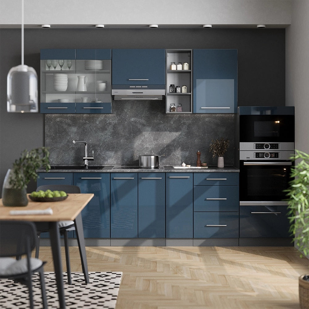Cucina componibile Fame-Line Blu scuro lucido/Antracite 280 cm, PL Rovere Vicco